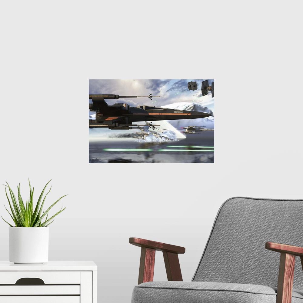 A modern room featuring Side view of an X-Wing ship flying near attacking TIE Fighters.