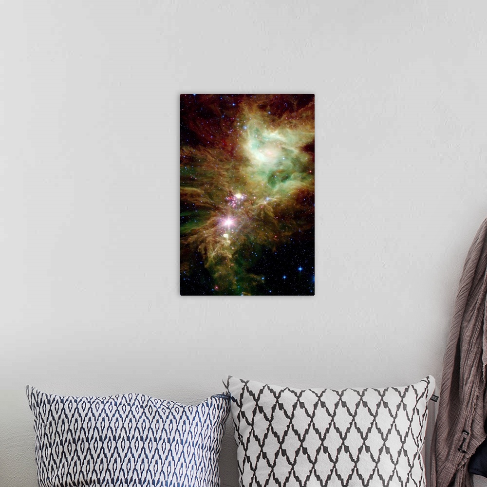 A bohemian room featuring Portrait, large wall picture of many stars in the Christmas Tree cluster.