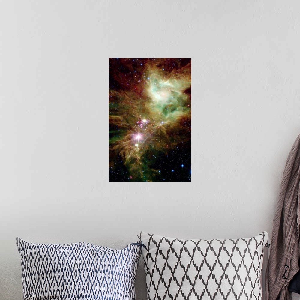 A bohemian room featuring Portrait, large wall picture of many stars in the Christmas Tree cluster.