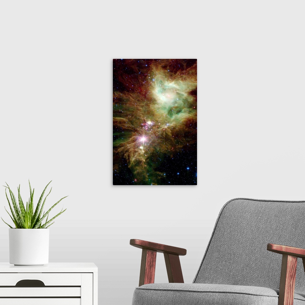 A modern room featuring Portrait, large wall picture of many stars in the Christmas Tree cluster.