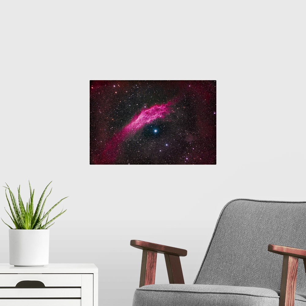 A modern room featuring NGC 1499, the California Nebula, in Perseus. This visually faint emission nebula shines above the...
