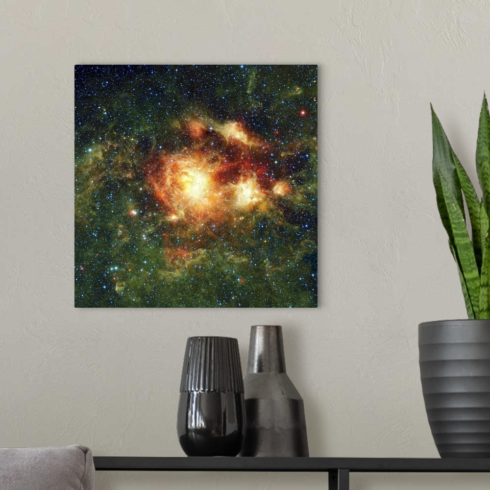 A modern room featuring Square, oversized wall hanging of the NGC 3603 star cluster in the spiral arm of the Milky Way, g...