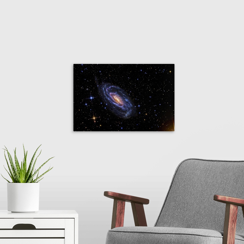 A modern room featuring NGC 5033 a spiral galaxy situated in the constellation of Canes Venatici