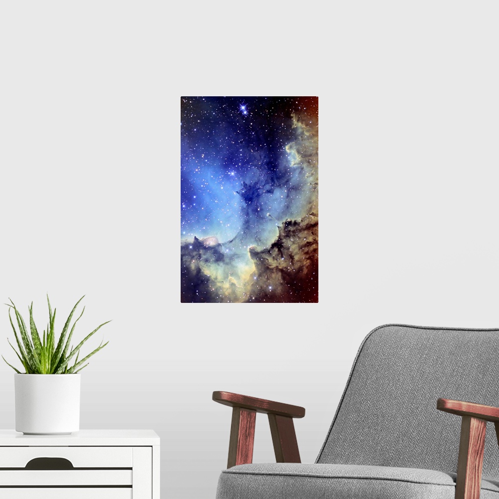 A modern room featuring Giant vertical wall hanging of an NGC 7380 Emission Nebula inside the constellation, Cepheus.  Co...