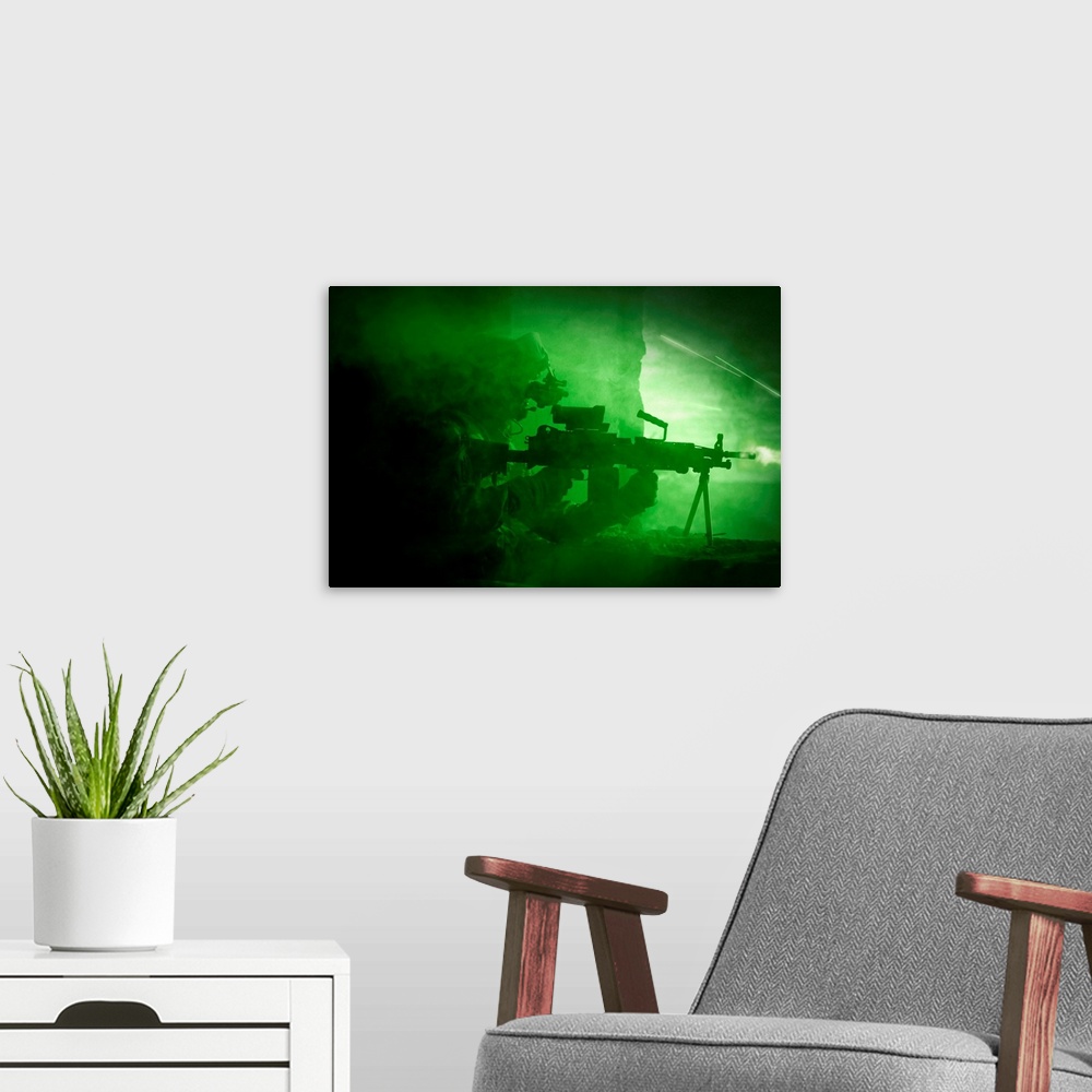 A modern room featuring Night vision view of a U.S. Army Ranger in Afghanistan combat scene.