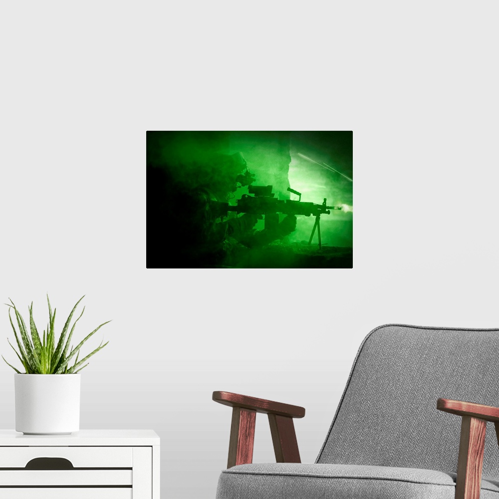 A modern room featuring Night vision view of a U.S. Army Ranger in Afghanistan combat scene.