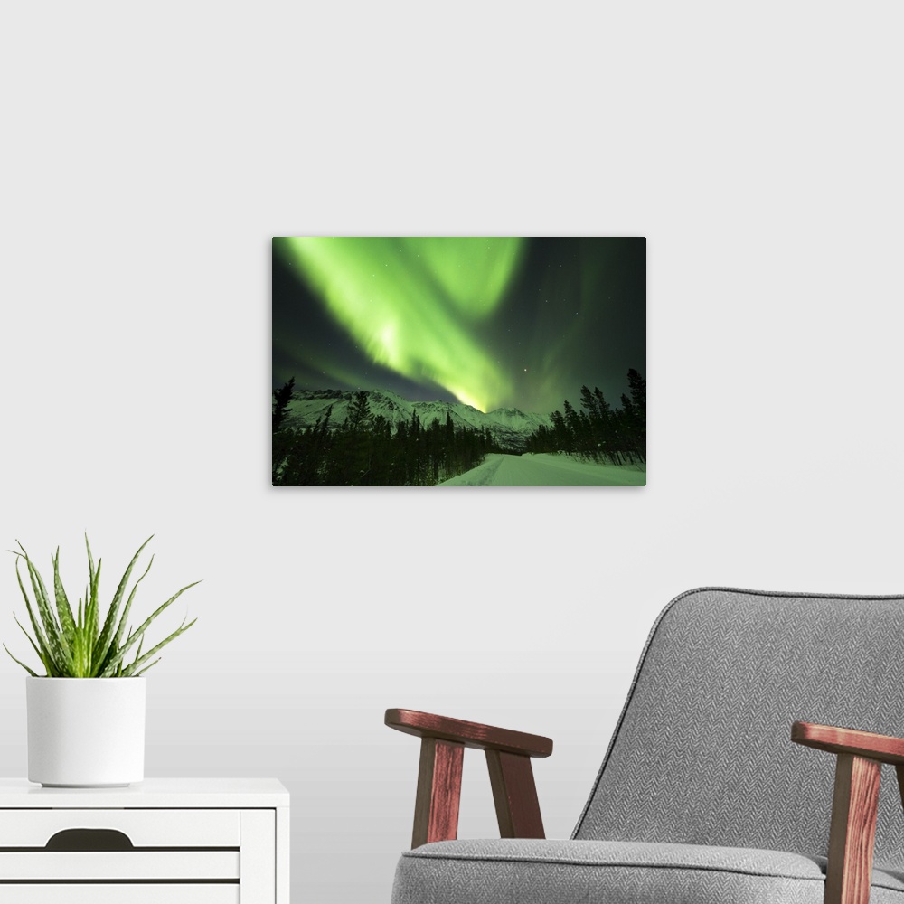 A modern room featuring Northern lights over Annie Lake Road, Yukon, Canada.