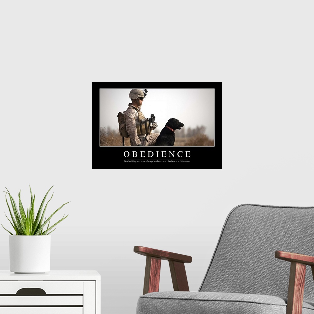 A modern room featuring Obedience: Inspirational Quote and Motivational Poster
