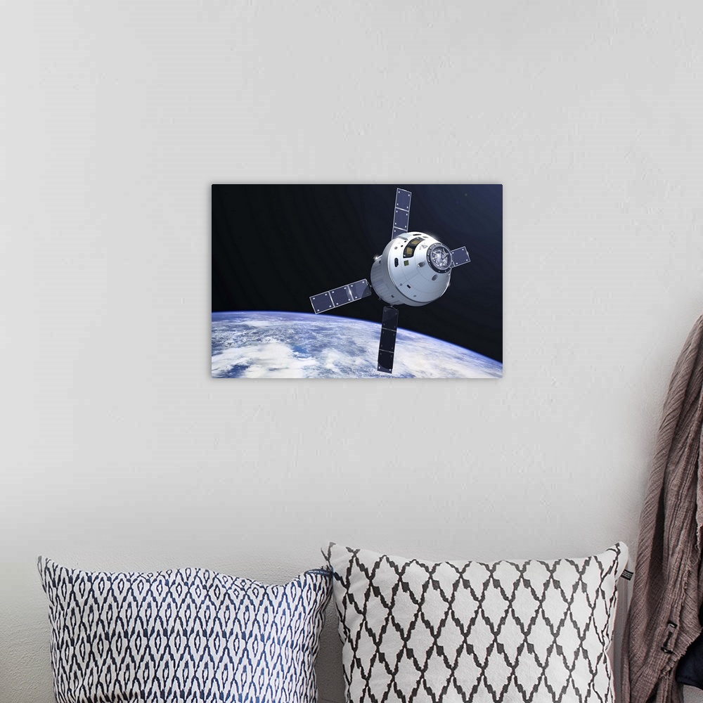 A bohemian room featuring Orion module in orbit above Earth.