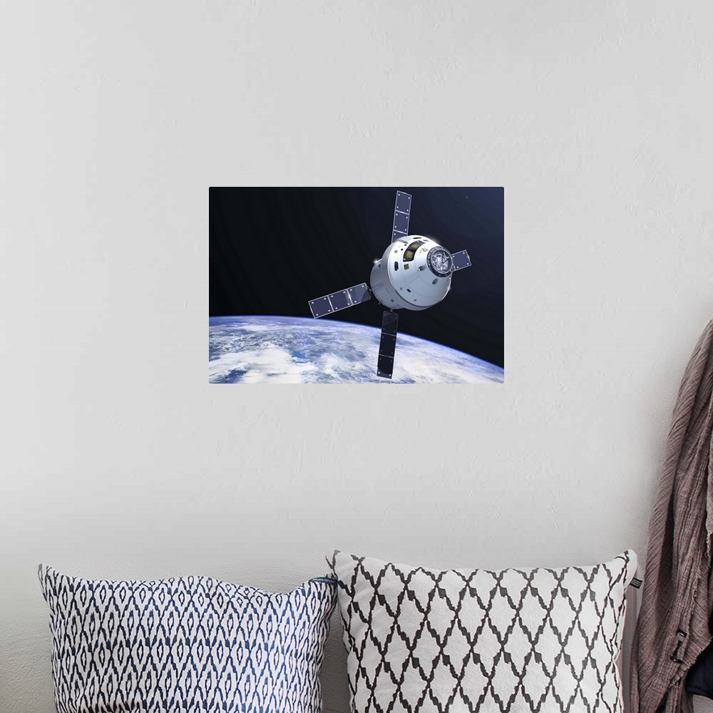 A bohemian room featuring Orion module in orbit above Earth.