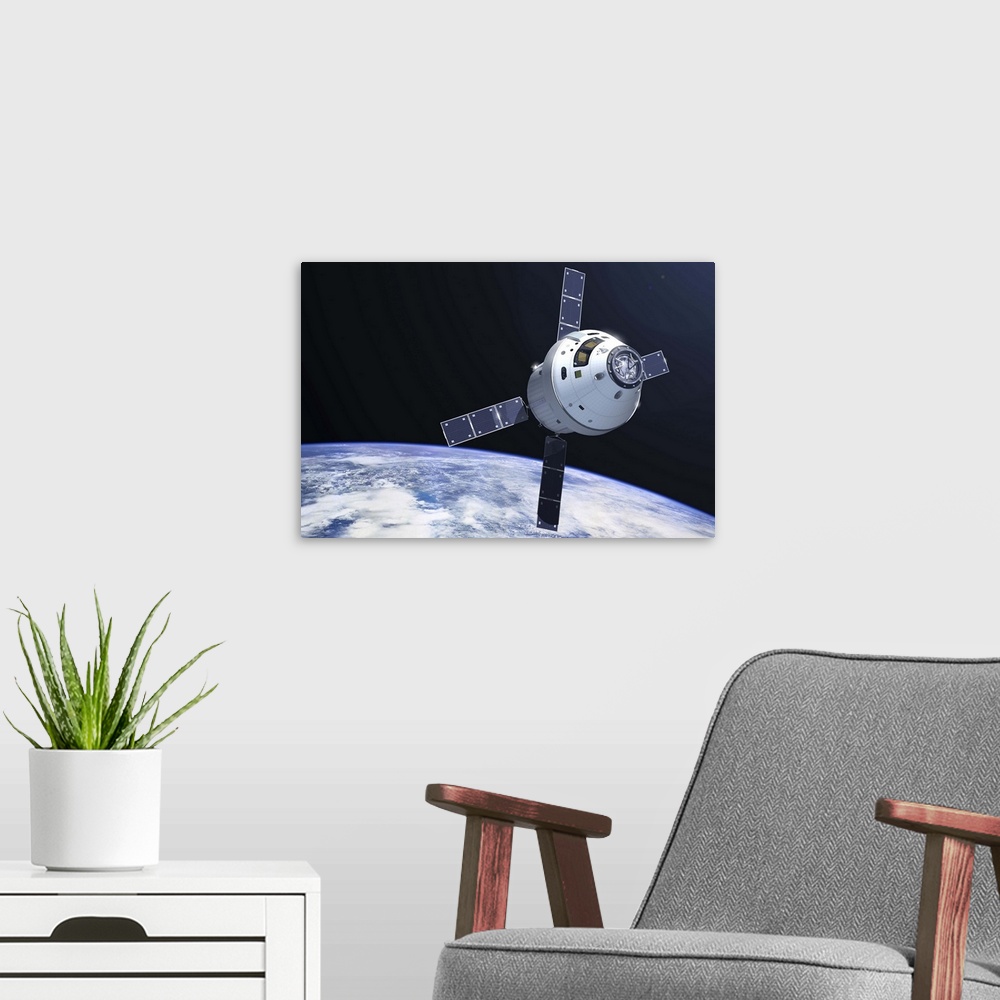 A modern room featuring Orion module in orbit above Earth.