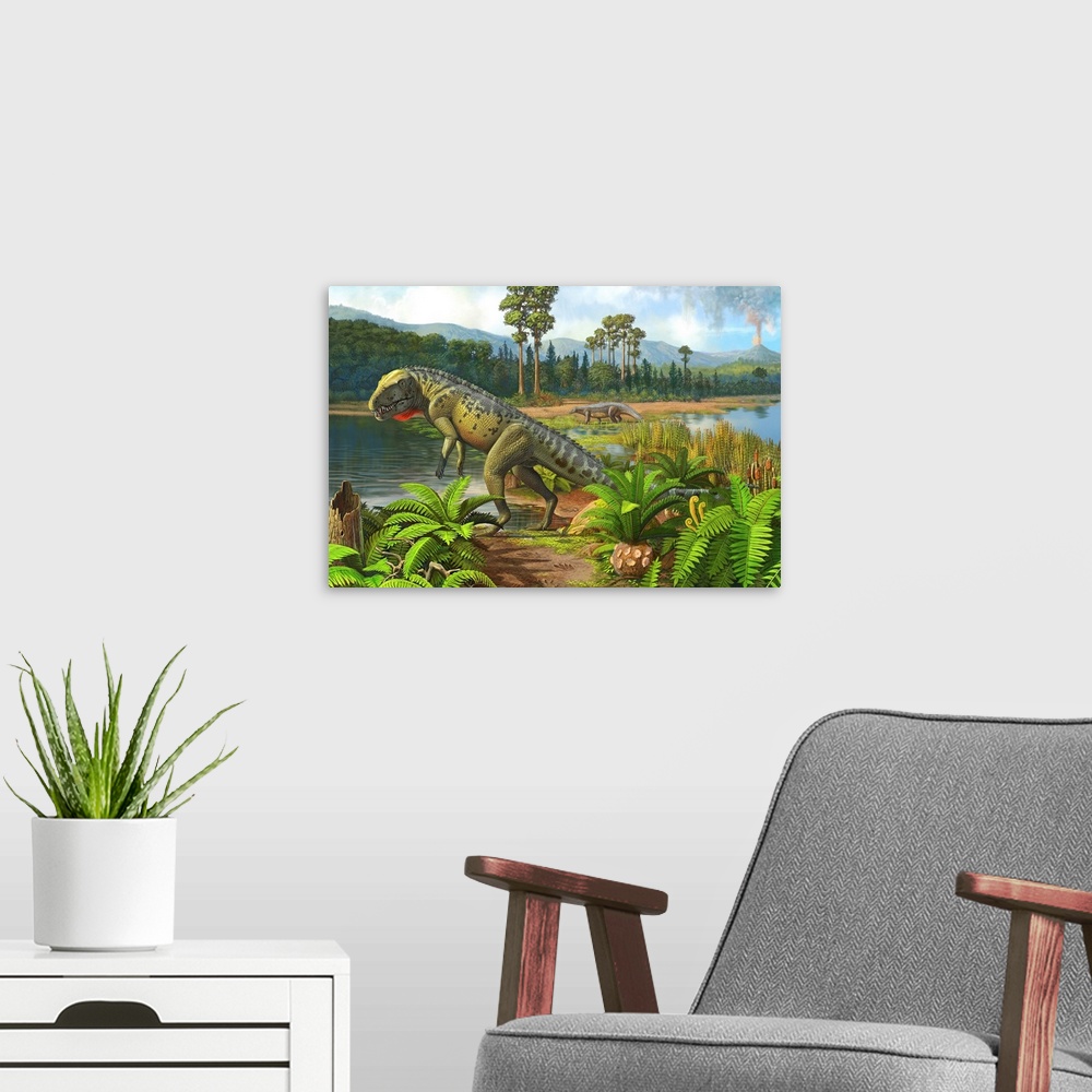 A modern room featuring Ornithosuchus reptiles grazing prehistoric wetlands.