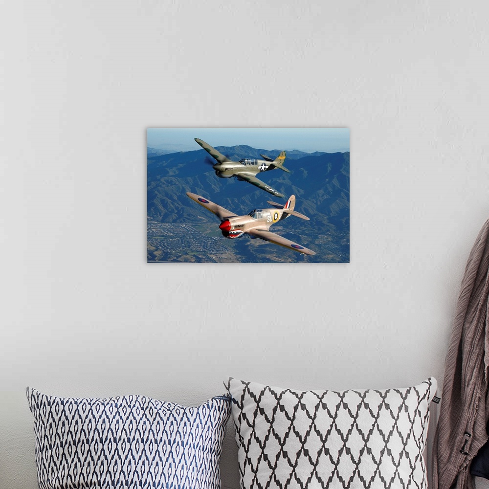 A bohemian room featuring P-40 Warhawks flying over Chino, California.