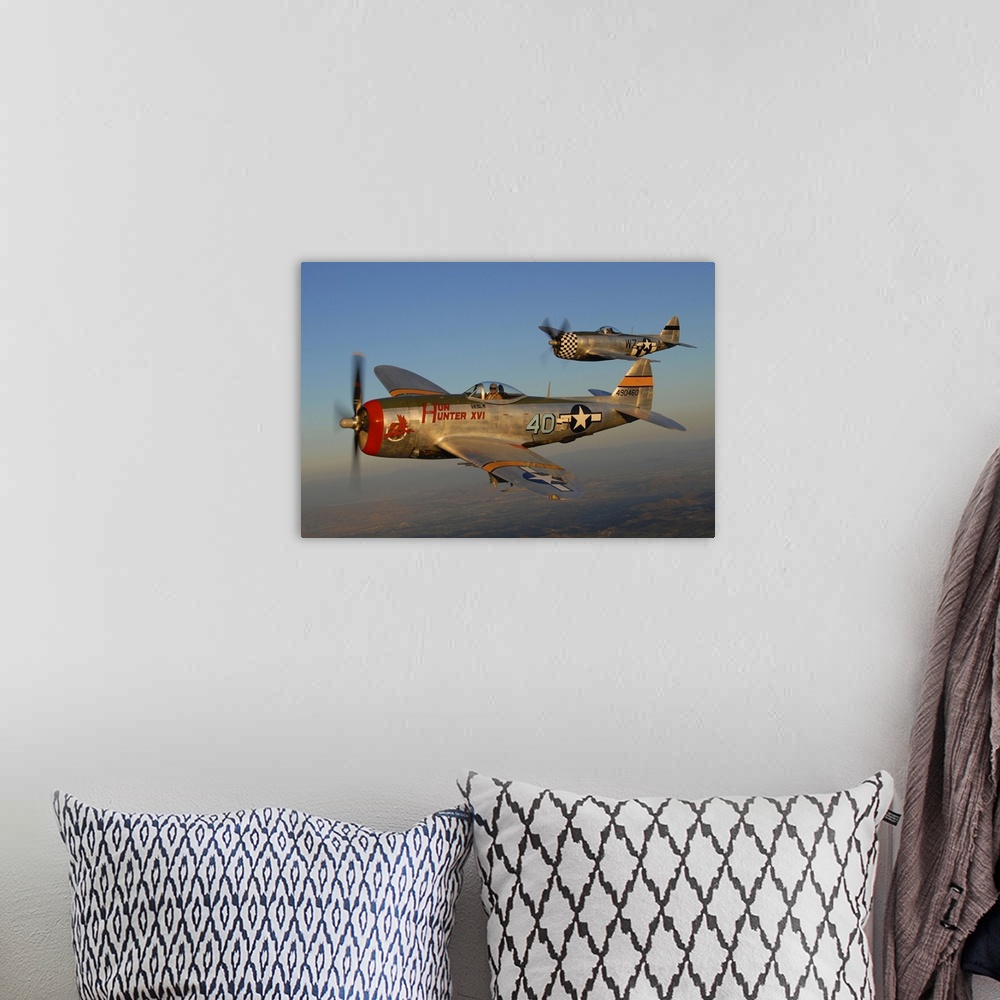 A bohemian room featuring Republic P-47 Thunderbolts flying over Chino, California.