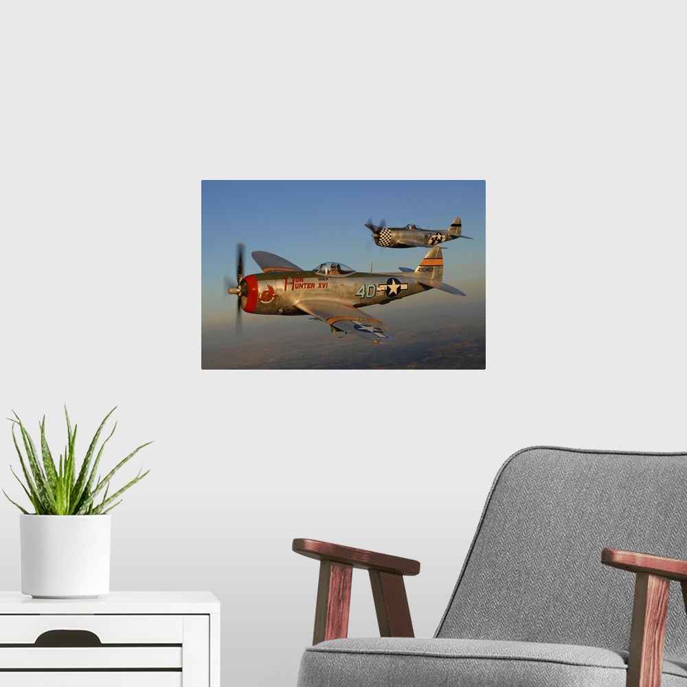 A modern room featuring Republic P-47 Thunderbolts flying over Chino, California.