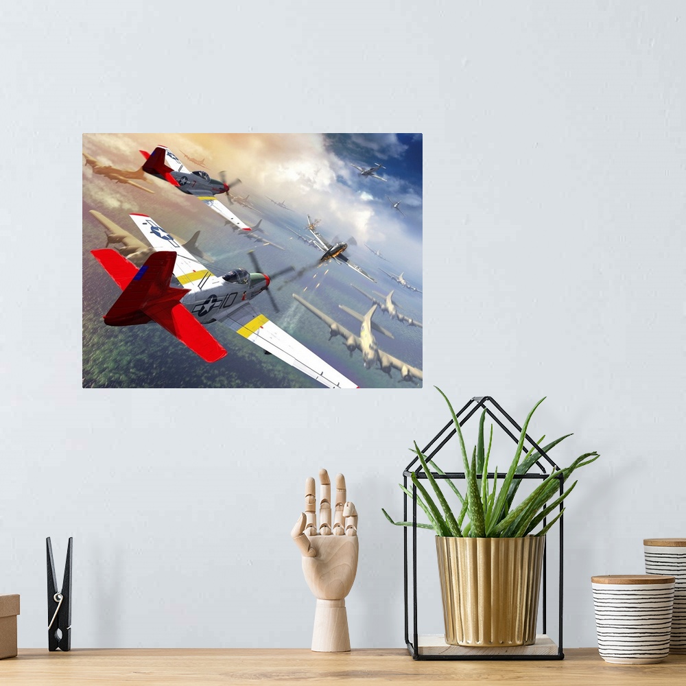 A bohemian room featuring P-51 Mustangs escorting B-17 bombers from German fighter planes.