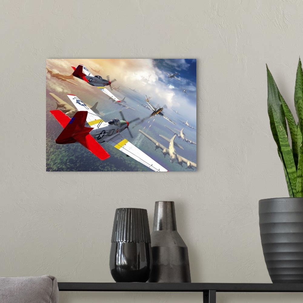 A modern room featuring P-51 Mustangs escorting B-17 bombers from German fighter planes.