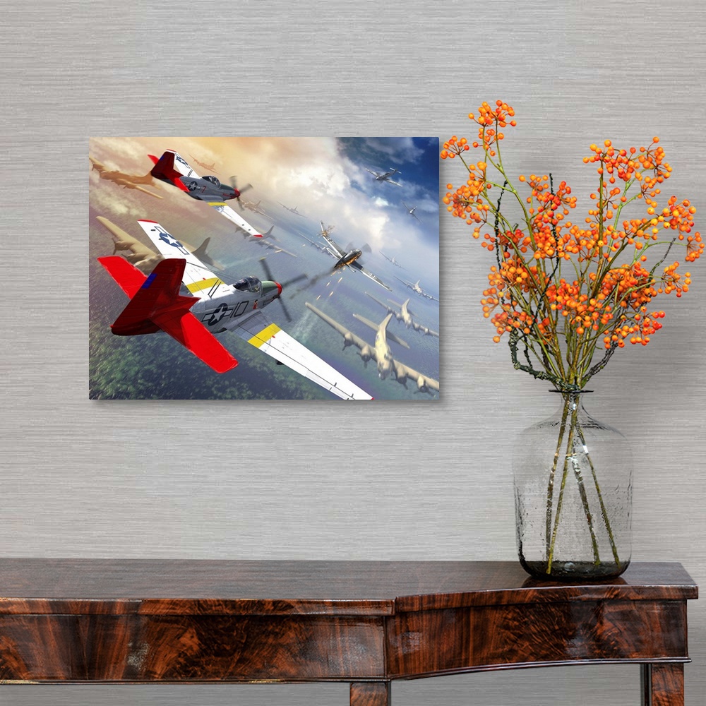A traditional room featuring P-51 Mustangs escorting B-17 bombers from German fighter planes.
