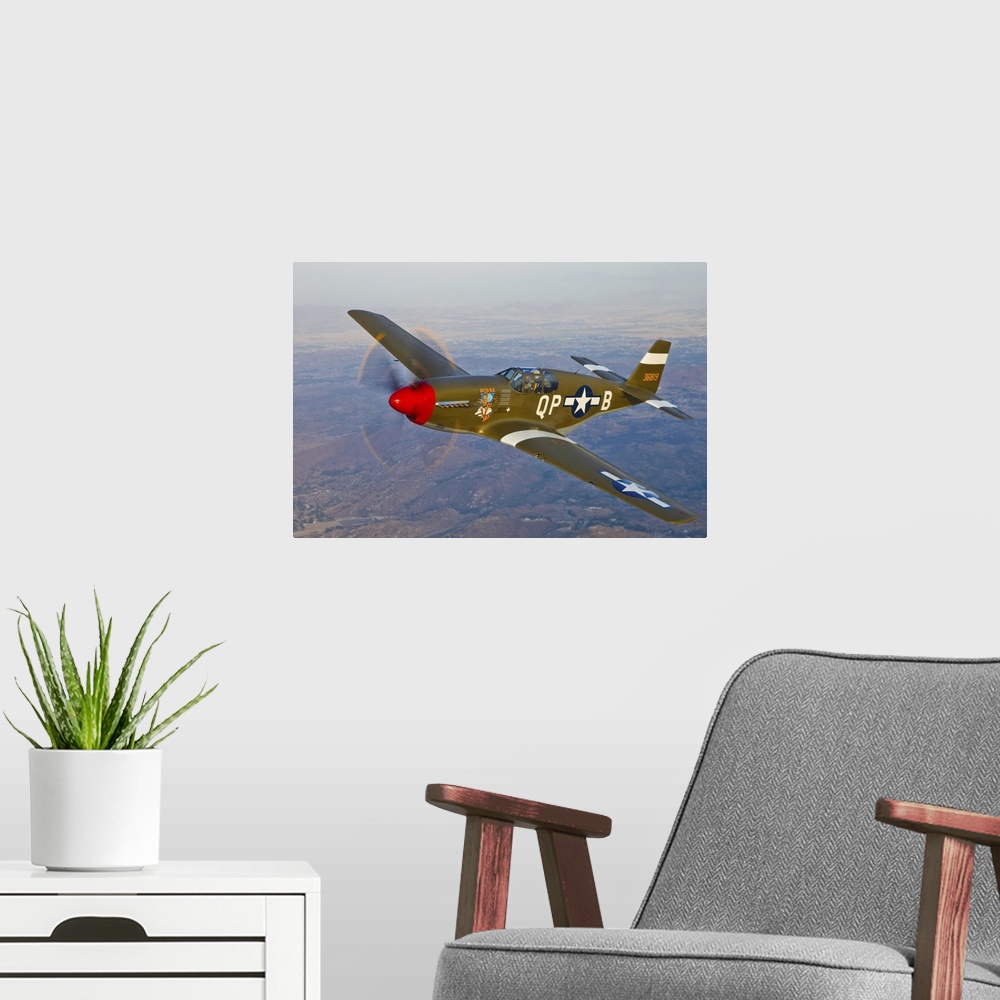 A modern room featuring P-51B Mustang in flight over China, California.