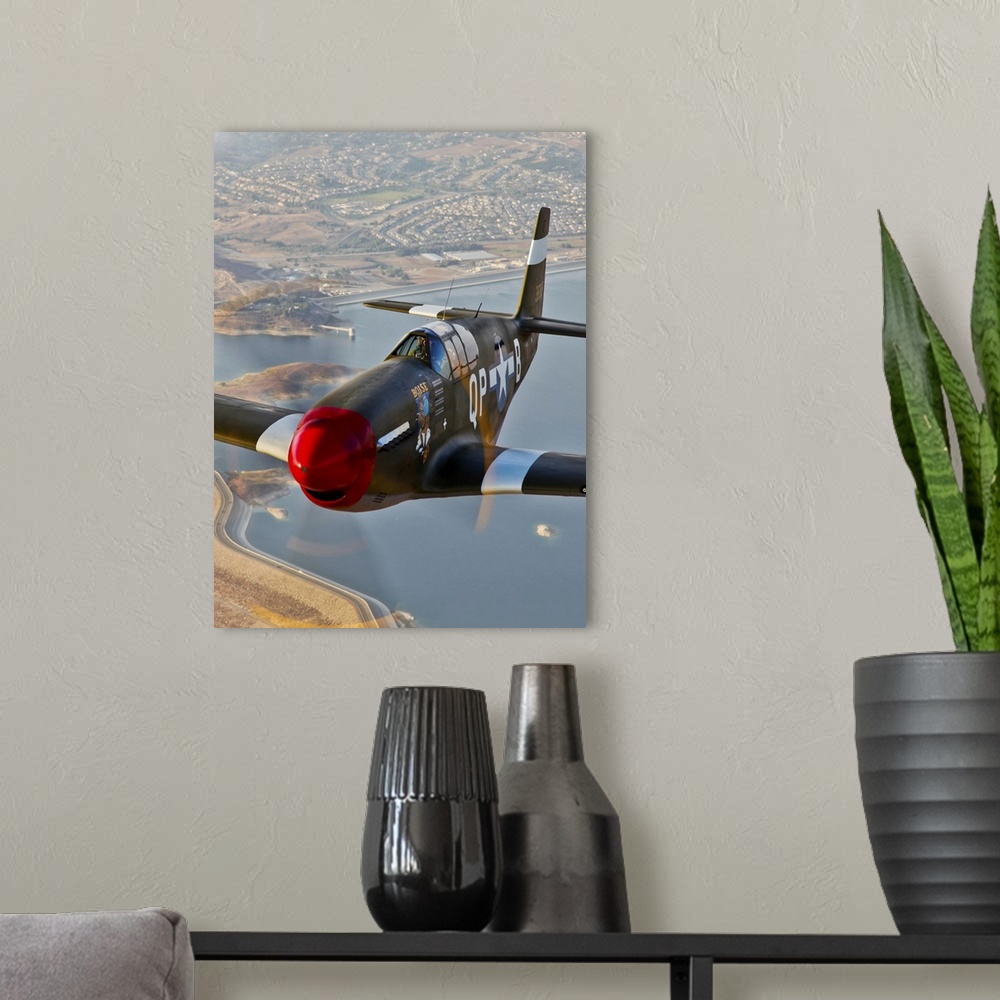 A modern room featuring P-51B Mustang in flight over China, California.