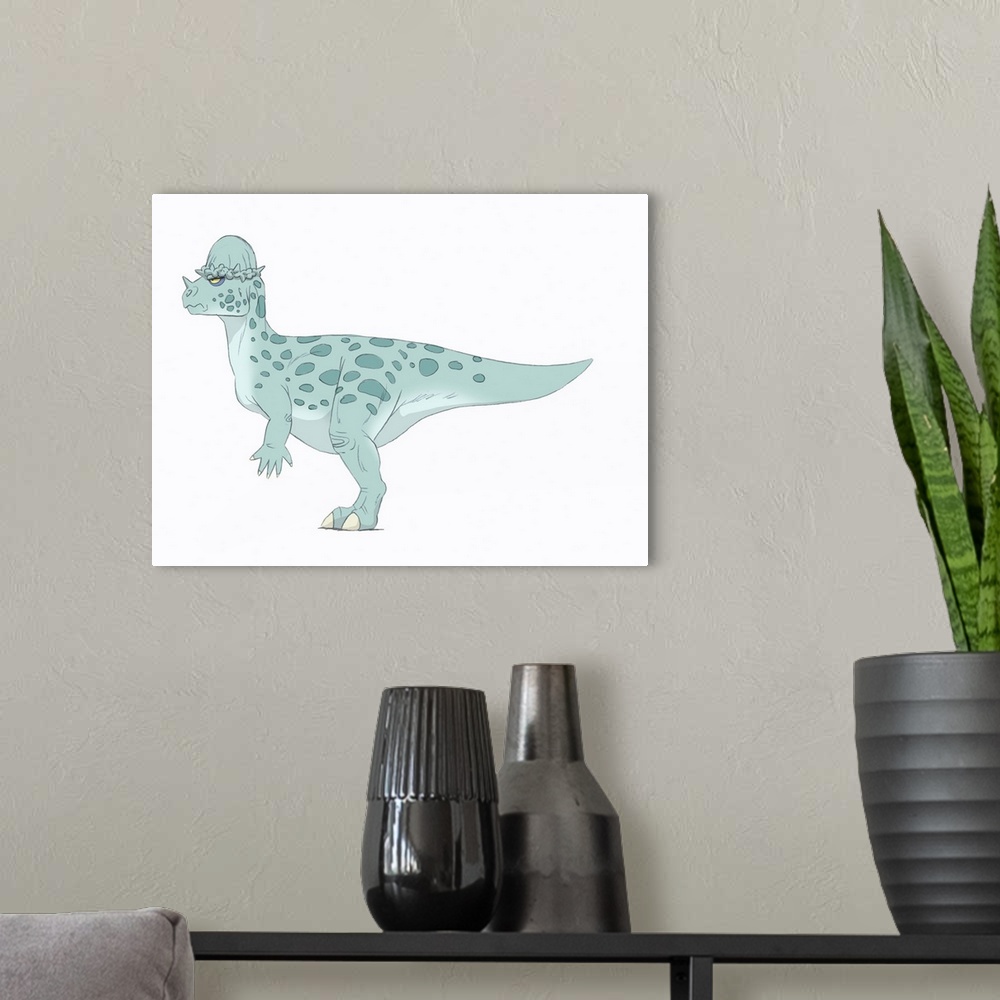 A modern room featuring Pachycephalosaurus pencil drawing with digital color.