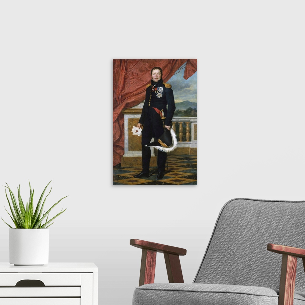 A modern room featuring Painted portrait of French General and Statesman Etienne Maurice Gerard.