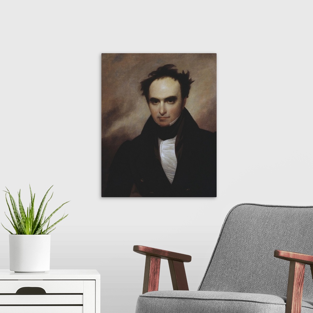 A modern room featuring Painted portrait of politician Daniel Webster.
