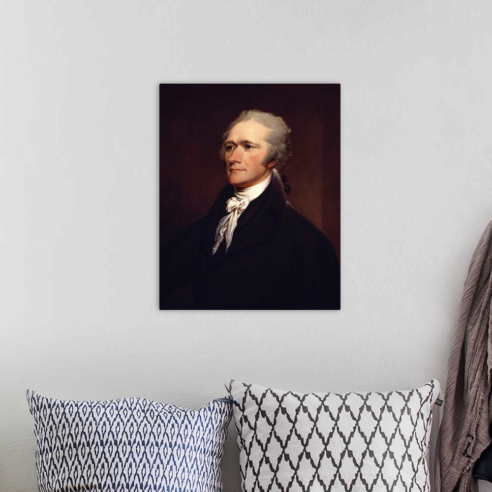 A bohemian room featuring Painting of founding father Alexander Hamilton.