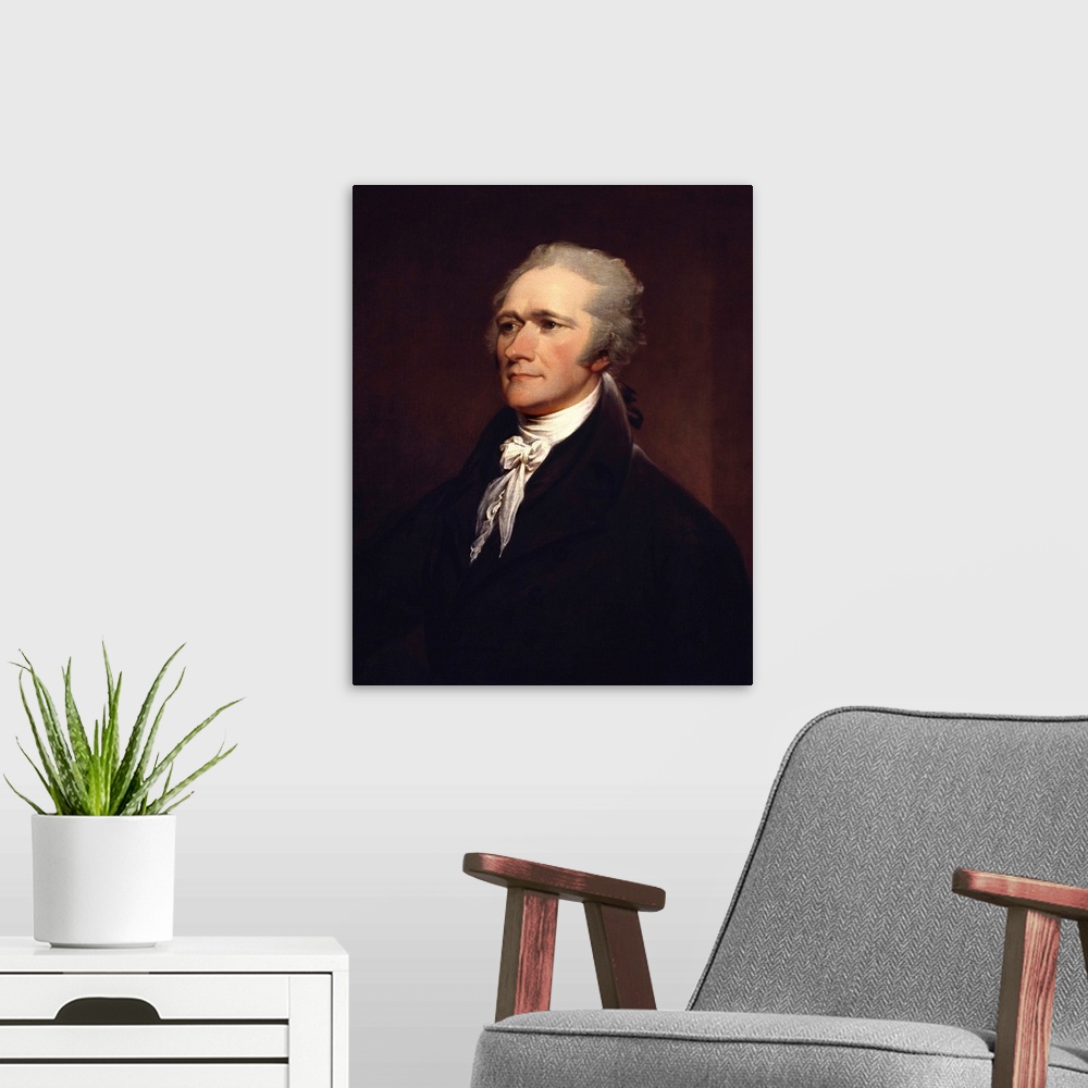 A modern room featuring Painting of founding father Alexander Hamilton.