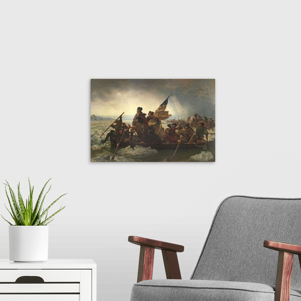 A modern room featuring Painting of George Washington crossing the Delaware.
