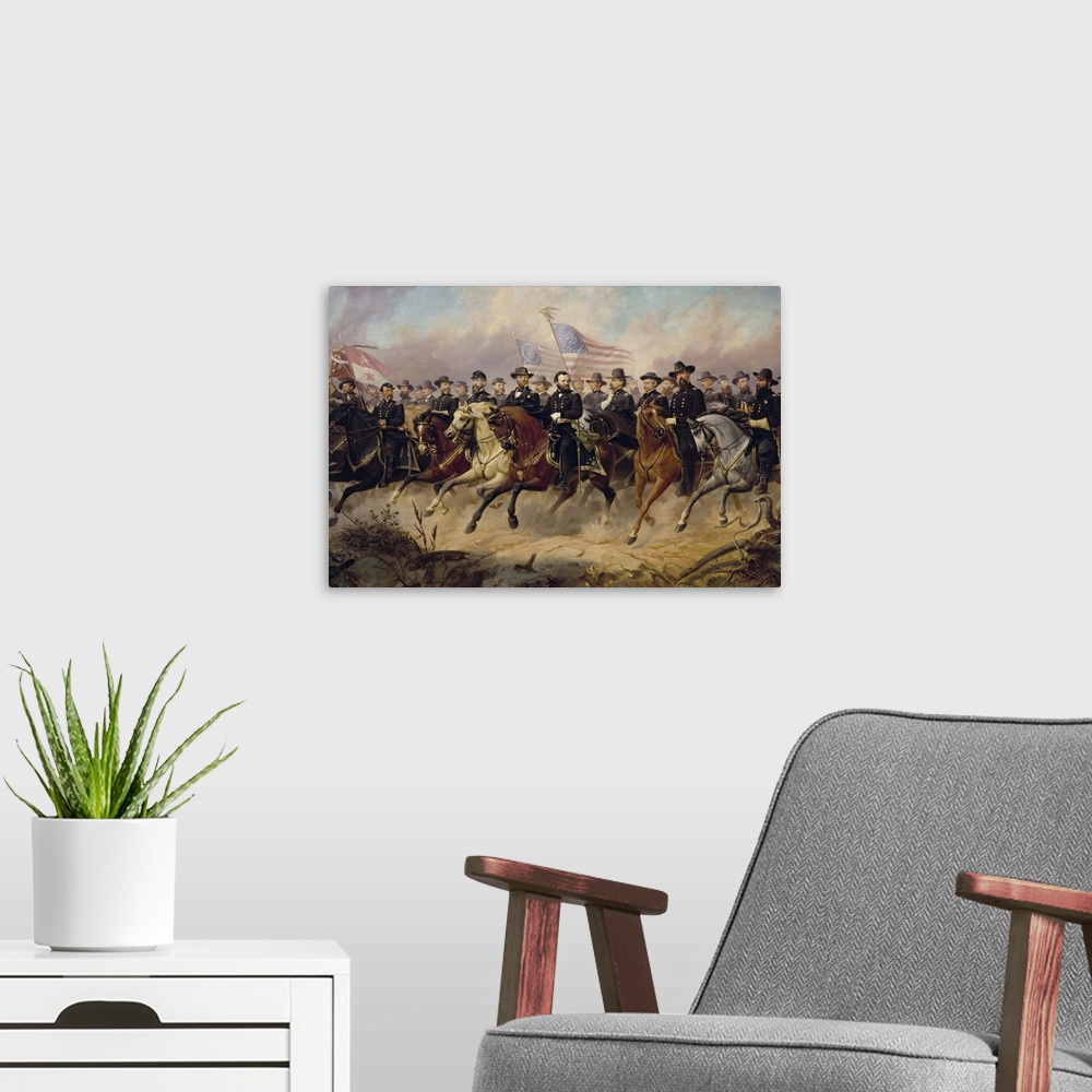 A modern room featuring Painting of Ulysses S. Grant and his Generals by Ole Peter Hansen Balling. The Generals, left to ...