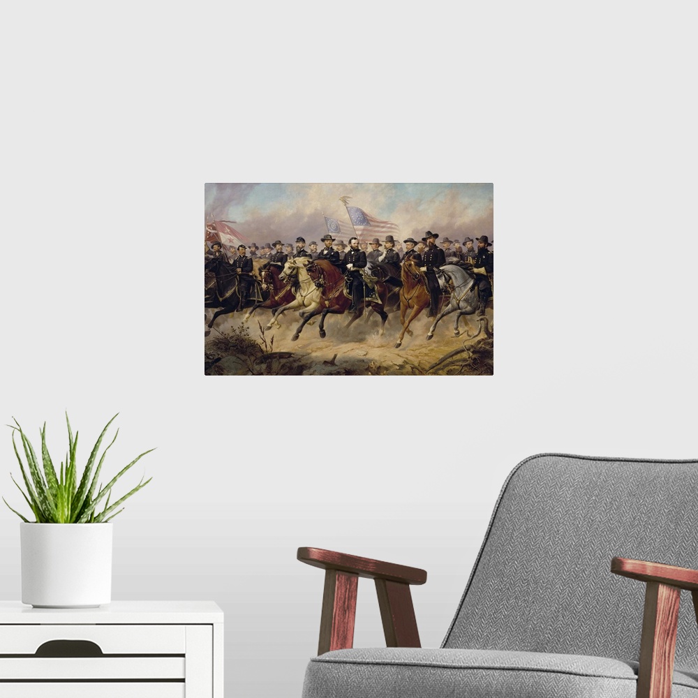 A modern room featuring Painting of Ulysses S. Grant and his Generals by Ole Peter Hansen Balling. The Generals, left to ...