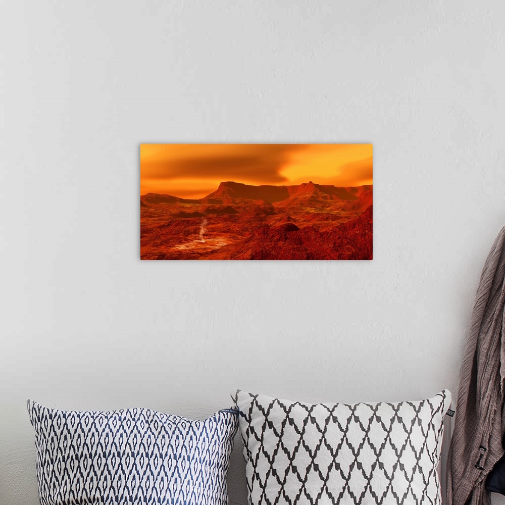 A bohemian room featuring Panorama of a landscape on Venus at 700 degress Fahrenheit.