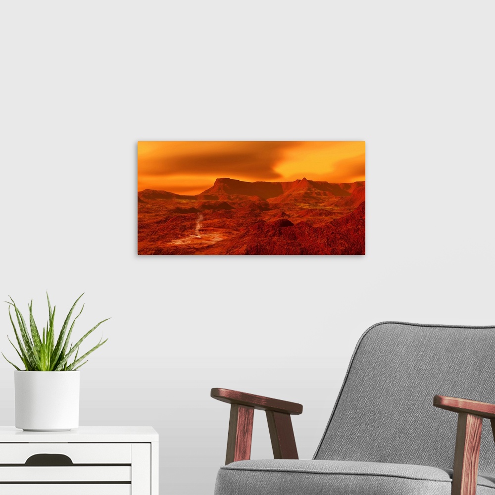 A modern room featuring Panorama of a landscape on Venus at 700 degress Fahrenheit.