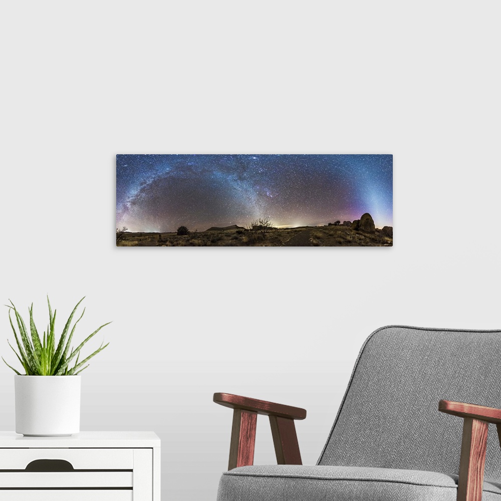 A modern room featuring January 16, 2015 - A 360 degree rectilinear panorama of the New Mexico evening sky showing the zo...
