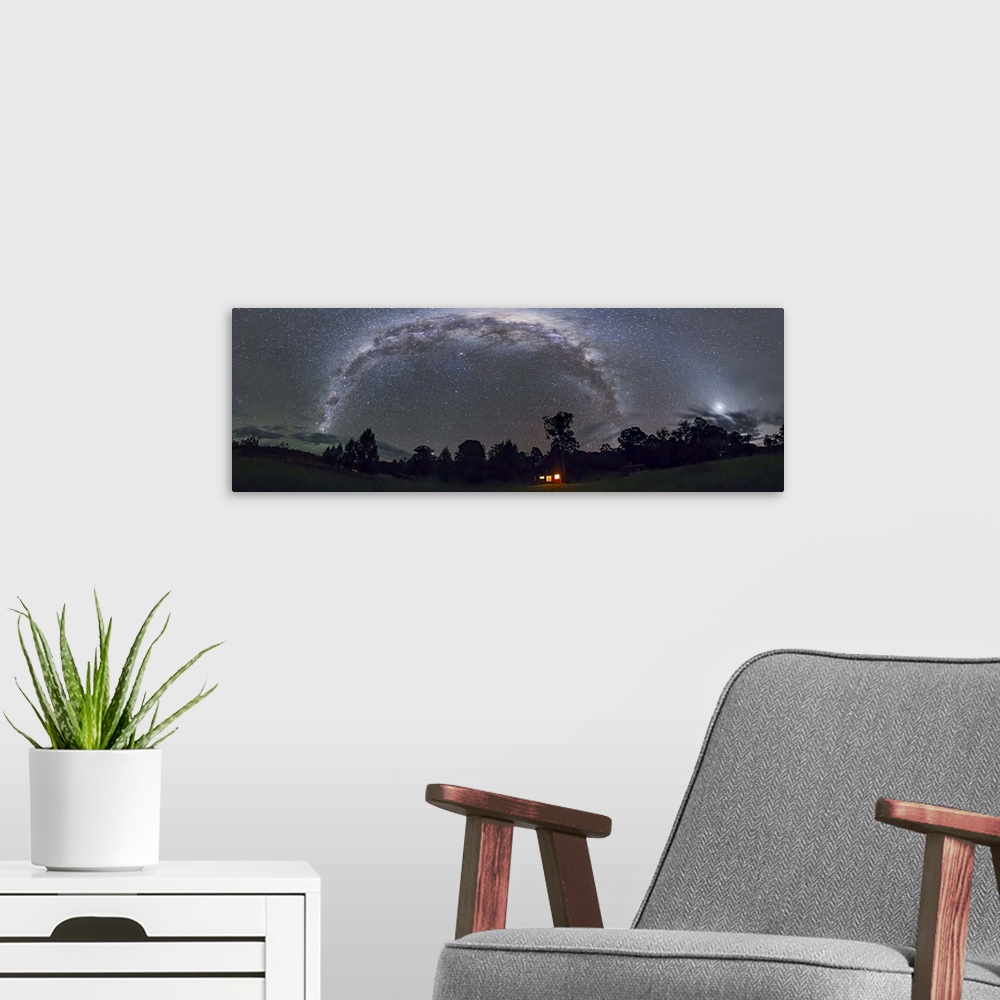 A modern room featuring April 11, 2014 - Panorama of the southern night sky in Australia, showing the Milky Way all the w...