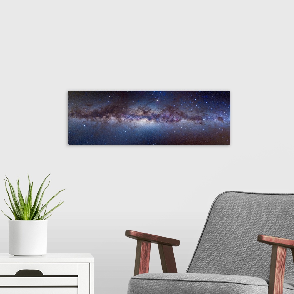 A modern room featuring A panorama of the center of the Galaxy portion of the southern hemisphere Milky Way, from Crux at...