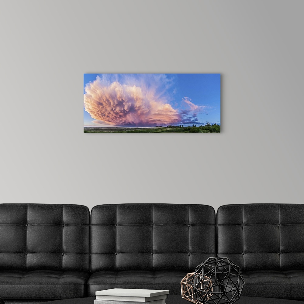 A modern room featuring June 17, 2013 - Panoramic view of a retreating thunderstorm in Alberta, Canada. The storm shows m...