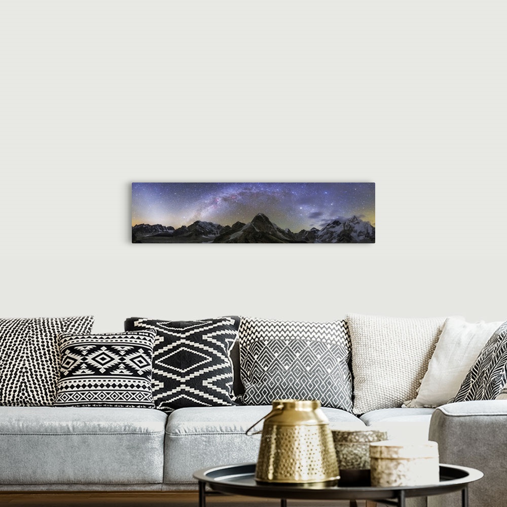 A bohemian room featuring Panoramic view of Mt. Everest, Khumbu glacier, Nuptse and Pumori mountains in Nepal. The scene wa...