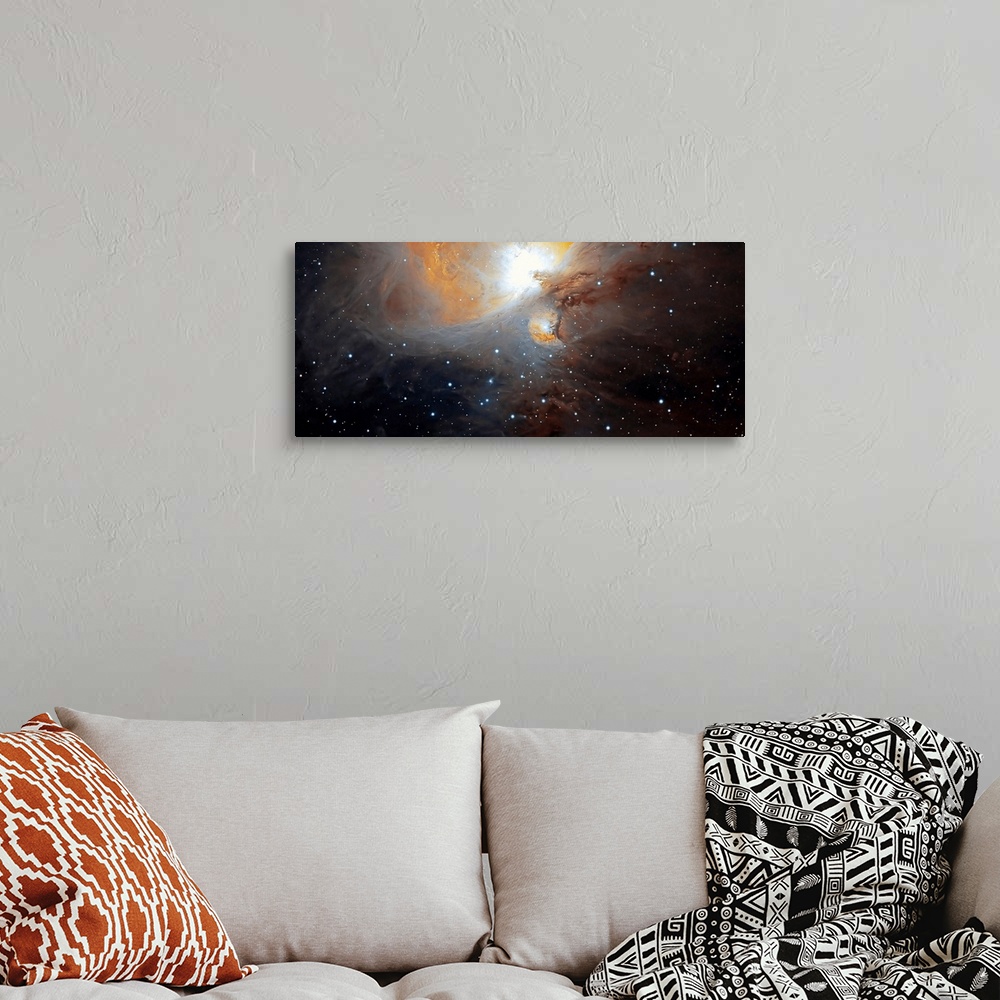 A bohemian room featuring Space photograph of a large, bright nebula of swirling clouds dotted with stars in the constellat...