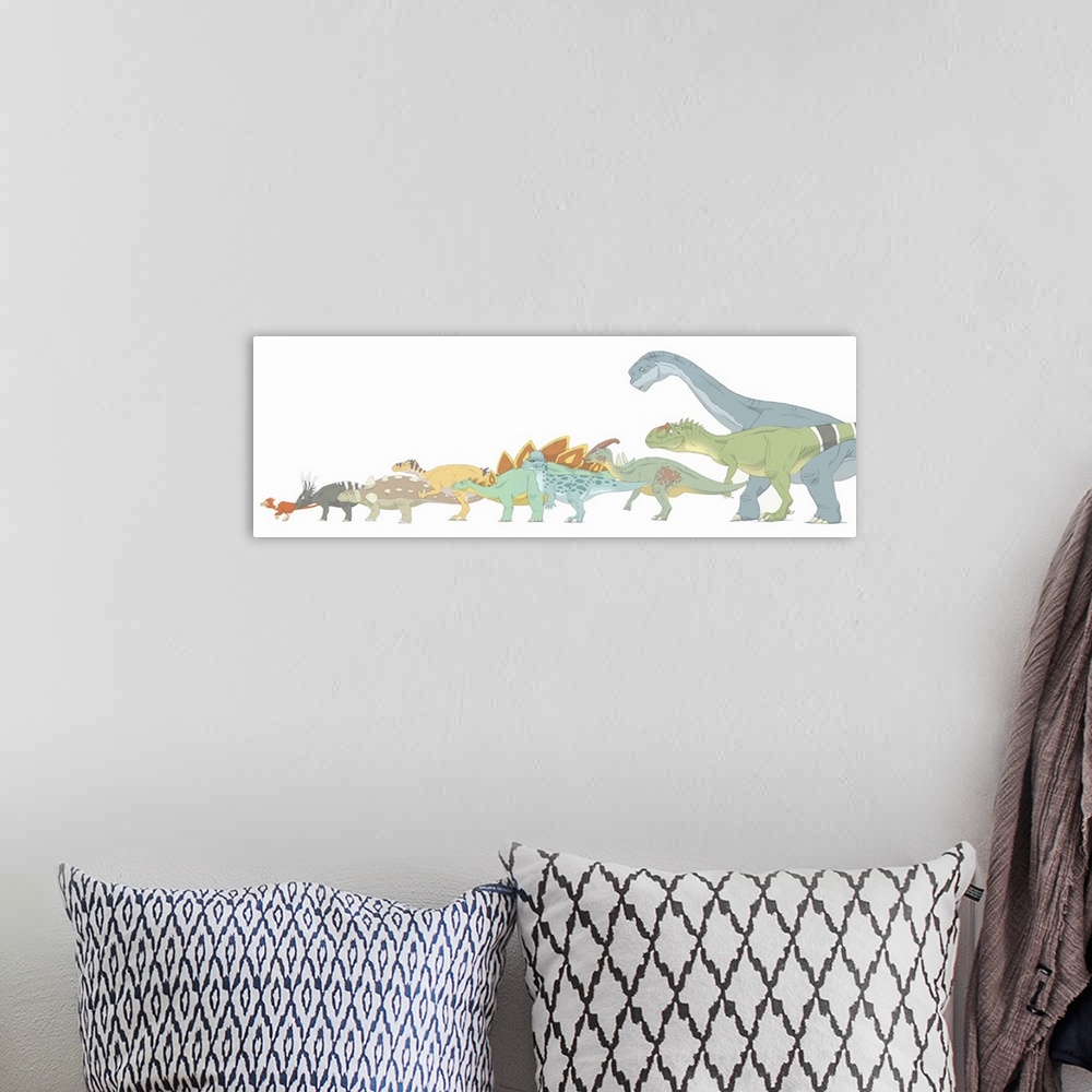 A bohemian room featuring Pencil drawing illustrating various dinosaurs and their comparative sizes.