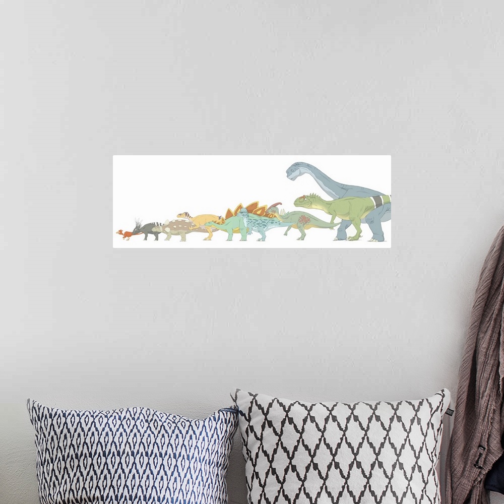 A bohemian room featuring Pencil drawing illustrating various dinosaurs and their comparative sizes.