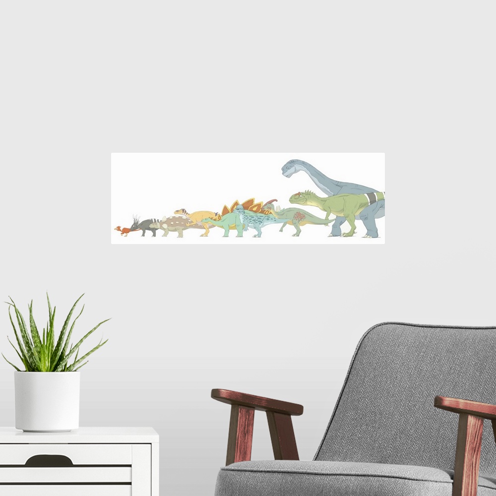A modern room featuring Pencil drawing illustrating various dinosaurs and their comparative sizes.