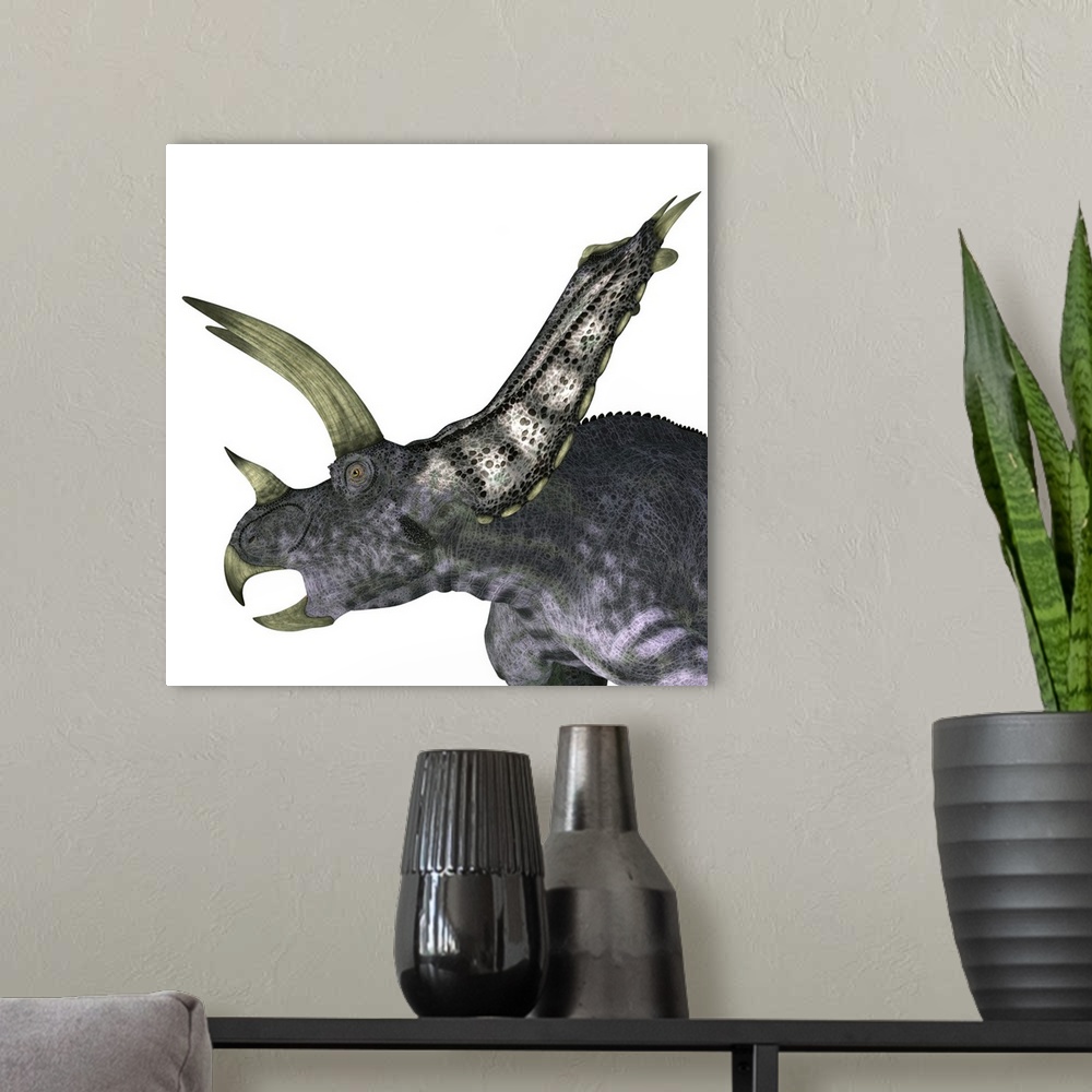 A modern room featuring Pentaceratops dinosaur head.