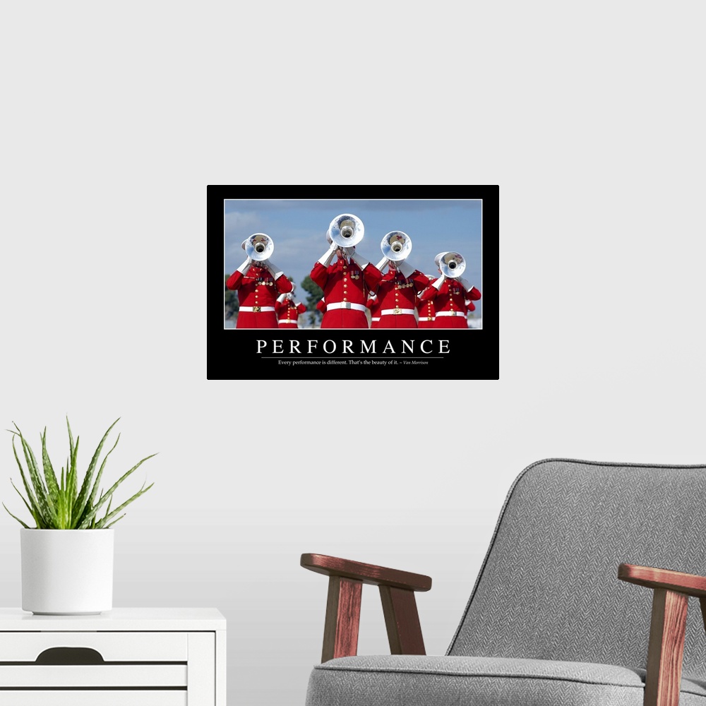 A modern room featuring Performance: Inspirational Quote and Motivational Poster