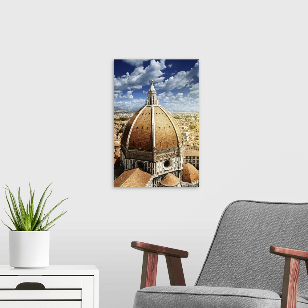 A modern room featuring Aerial view of Piazza del Duomo with Basilica of Saint Mary of the Flower, Florence, Italy.