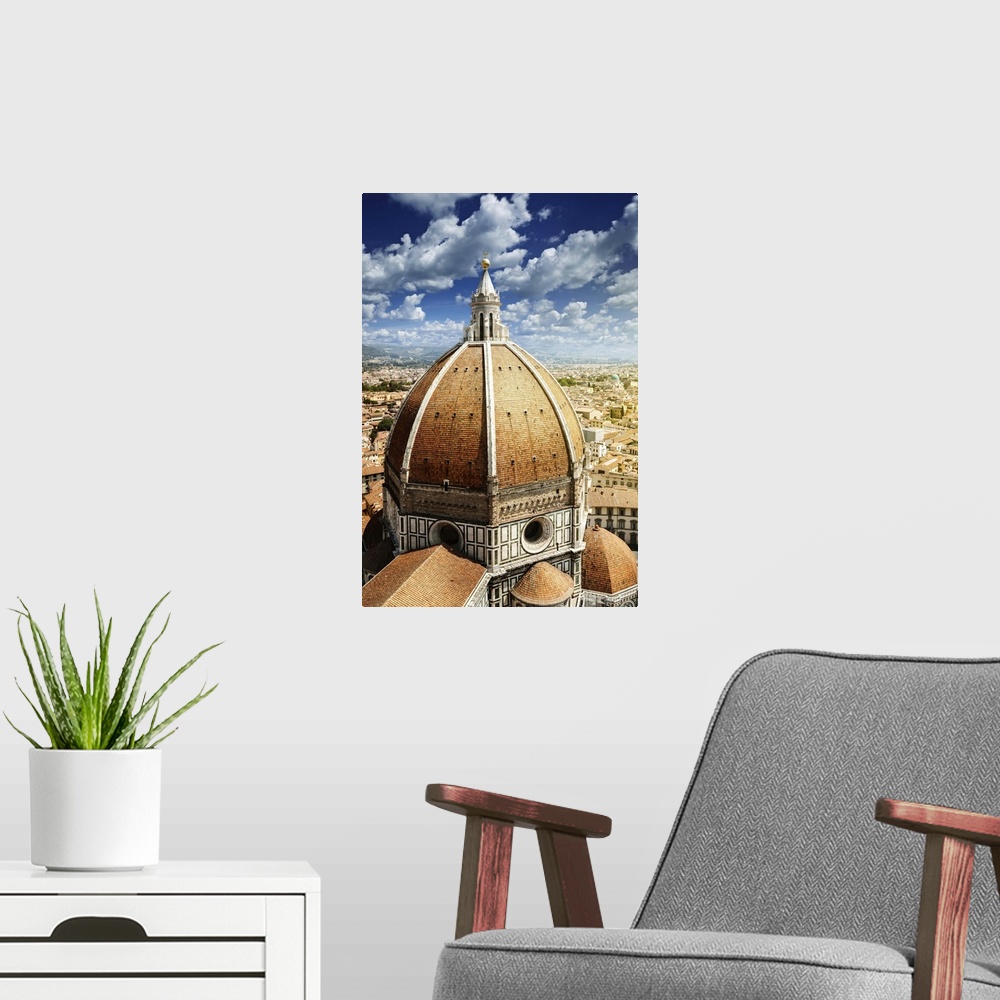 A modern room featuring Aerial view of Piazza del Duomo with Basilica of Saint Mary of the Flower, Florence, Italy.