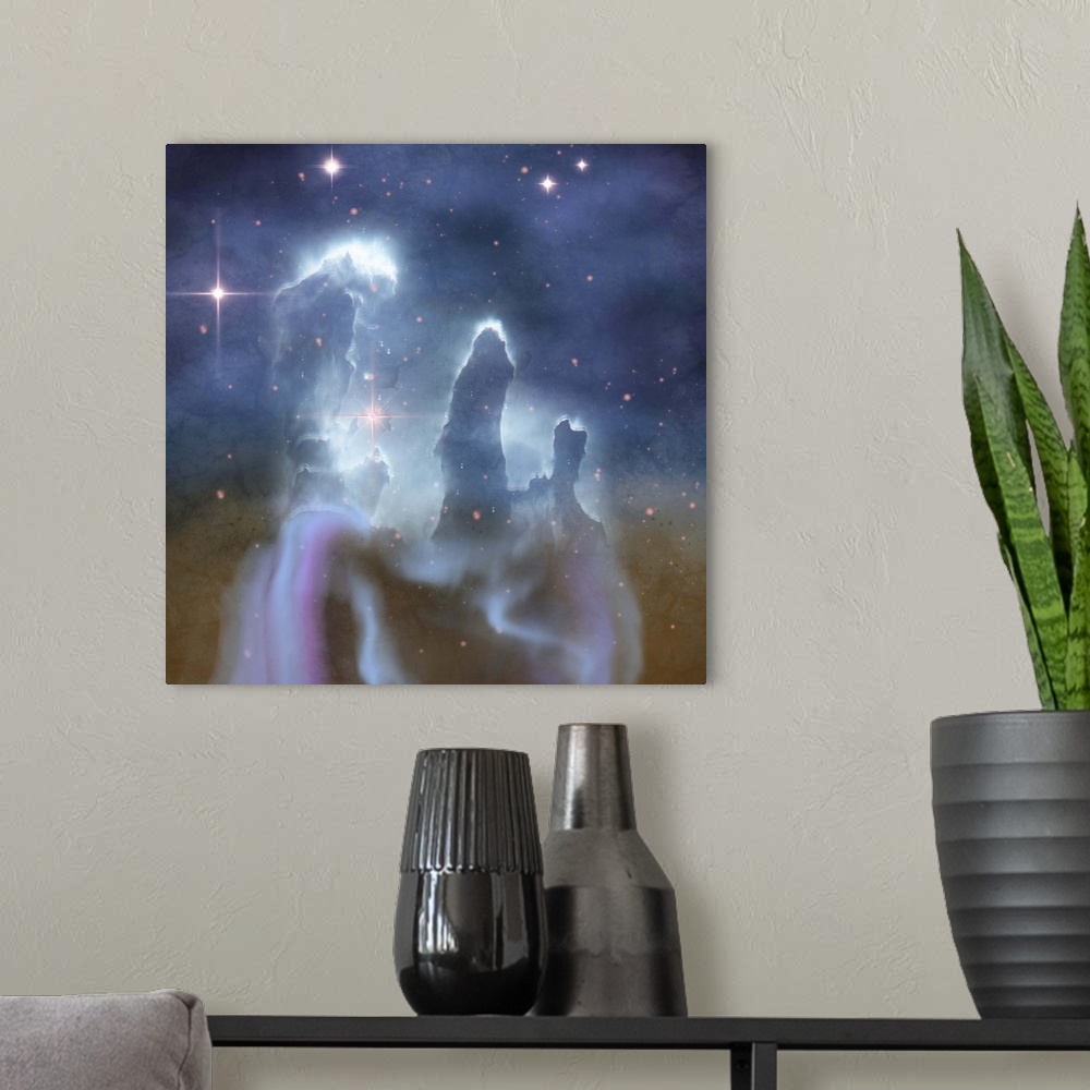 A modern room featuring Pillars of Creation are part of the Eagle Nebula and are made of interstellar dust and gases.