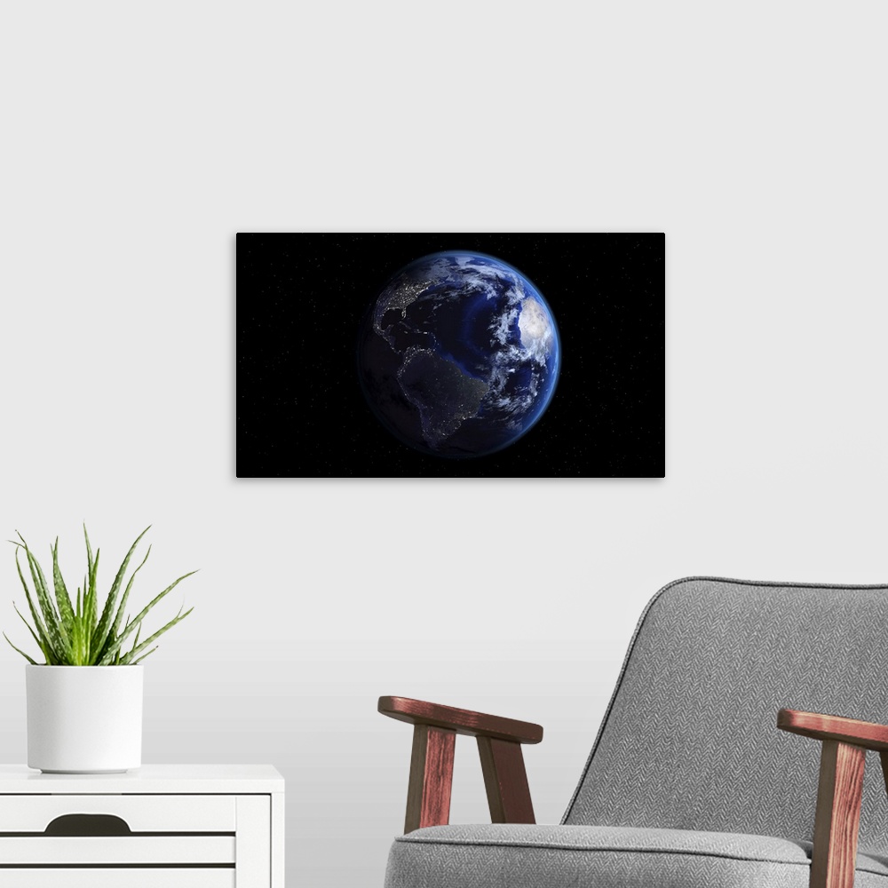 A modern room featuring Planet Earth showing Americas, half night and half day with city lights.