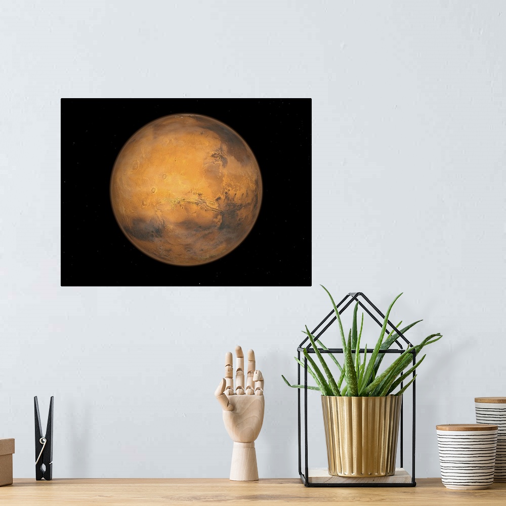 A bohemian room featuring A full Mars. In this image the massive volcano Olympus Mons is clearly visible upper left of cent...